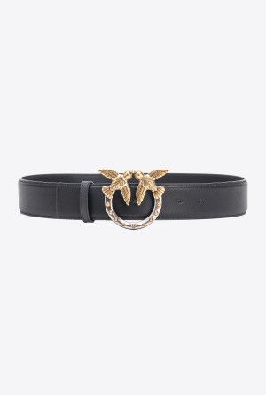 BLACK-ANTIQUE GOLD Pinko High-waist Love Birds belt with studs 4cm | TMYPQ48050