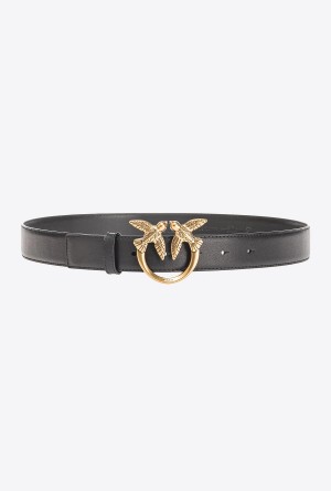 BLACK-ANTIQUE GOLD Pinko Love Birds leather belt 3cm | MYDFL72843