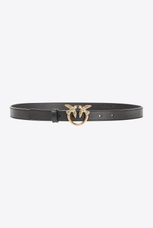 BLACK-ANTIQUE GOLD Pinko Love Birds thin leather belt 2cm | MYJKU47050