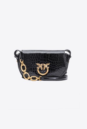 BLACK-ANTIQUE GOLD Pinko Mini Love Bag Click Exagon in patent crocodile-print leather | MMYFT52255