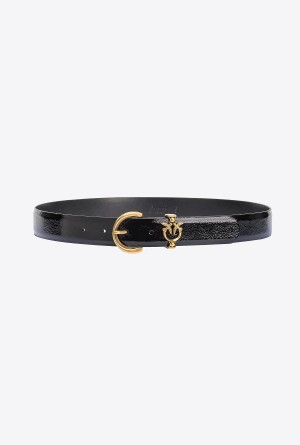 BLACK-ANTIQUE GOLD Pinko Patent leather belt with Love Birds detail 3cm | PMYER57861