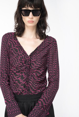 BLACK/FUCHSIA Pinko Georgette blouse with fluid logo print | XMYBH23290