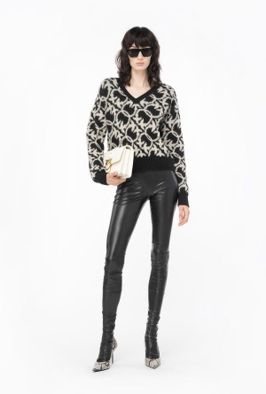 BLACK/IVORY Pinko Wool and alpaca Love Birds V-neck sweater | BMYSO36875