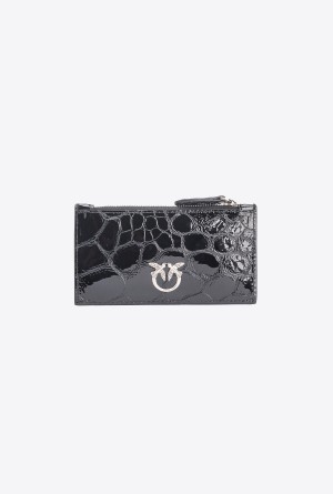 BLACK-OLD SILVER Pinko Galleria glossy crocodile-print card holder | MYXMI93716