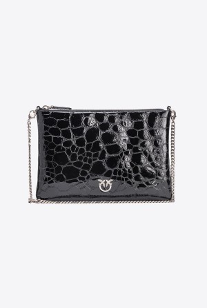 BLACK-OLD SILVER Pinko Galleria patent crocodile Flat Love Bag | UMYND24538
