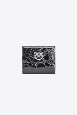 BLACK-OLD SILVER Pinko Galleria small wallet in glossy crocodile-print leather | MYNZX99739