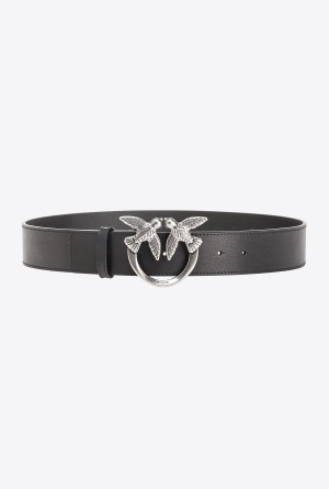 BLACK-OLD SILVER Pinko Love Birds high leather belt 4cm | ZMYMJ51218