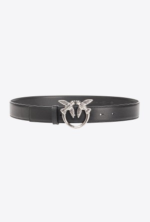 BLACK-OLD SILVER Pinko Love Birds leather belt 3cm | TMYPQ81747