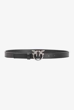 BLACK-OLD SILVER Pinko Love Birds thin leather belt 2cm | MYCVG49029