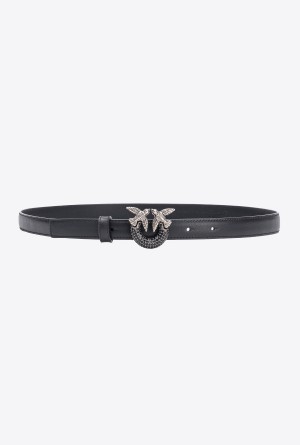 BLACK-OLD SILVER Pinko Thin Love Birds belt with rhinestones 2cm | MMYHR41925
