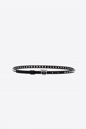 BLACK-OLD SILVER Pinko Thin Love Birds belt with studs 1cm | BMYSD47449