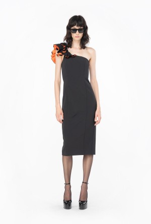BLACK/ORANGE Pinko One-shoulder calf-length dress with ruching | MYJKU60653