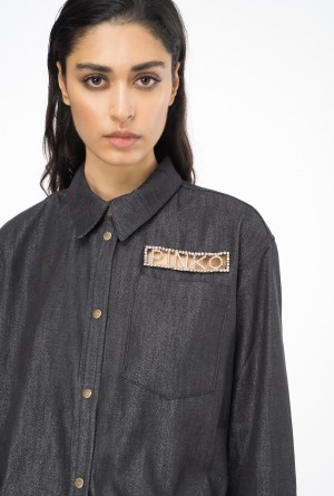 BLACK/SILVER Pinko Denim shirt with rhinestone logo | BMYSO10243