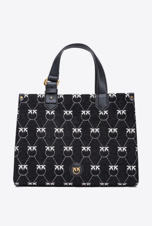 BLACK/WHITE-ANTIQUE GOLD Pinko Monogram jacquard Shopper Box bag | YMYGT87655