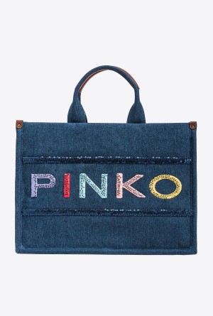 BLUE DENIM-ANTIQUE GOLD Pinko Denim shopper bag with sequinned logo | FMYUI88060