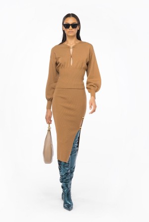 BRAN BROWN Pinko Calf-length wool skirt with Love Birds buckle | MYEGJ50643