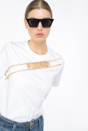 BRIGHT WHITE Pinko Rhinestone logo T-shirt | MYZPD65552