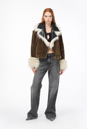 BROWN/BLACK/ECRU' Pinko Short sheepskin-effect pea coat with patch | QMYUV84424