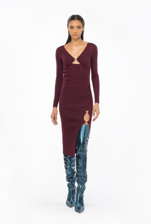 BURGUNDY-PORT ROYALE Pinko Calf-length wool skirt with Love Birds buckle | MYNEJ67342