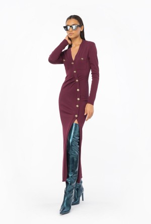BURGUNDY-PORT ROYALE Pinko Long knit dress with golden buttons | MYXBR22962