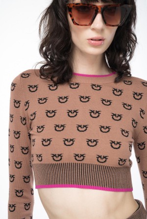 CAMEL/BLACK Pinko Cropped logo jacquard sweater | LMYSX25754