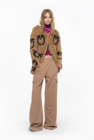 CAMEL/BLACK Pinko Faux fur coat with Love Birds logo | UMYND88734