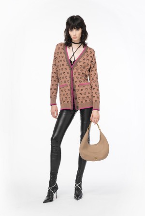 CAMEL/BLACK Pinko Logo jacquard cardigan | FMYUI39371