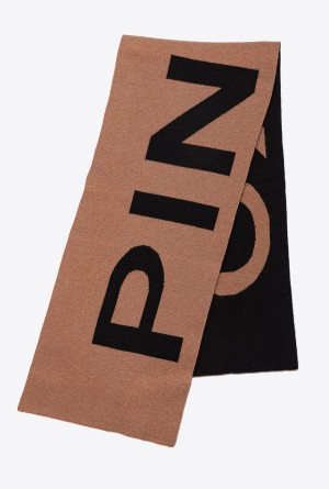 CAMEL/BLACK Pinko Wool and cashmere scarf with large logo | MYDYB24454