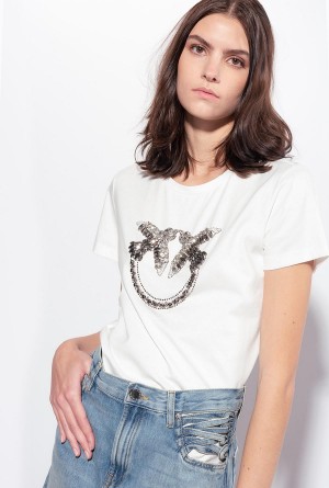 CLOUD WHITE Pinko T-shirt with Love Birds embroidery | MYJVR18699