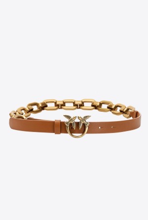 COGNAC-ANTIQUE GOLD Pinko Love Birds belt with large chain | BMYSO11396