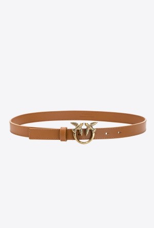 COGNAC-ANTIQUE GOLD Pinko Love Birds thin leather belt | BMYSO99516