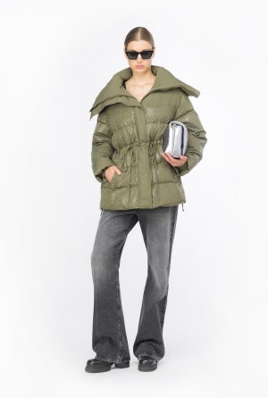 CYPRESS GREEN Pinko Down jacket with glossy logo print | MYNEJ82409