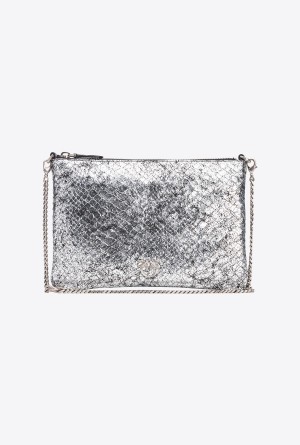 DARK SILVER-OLD SILVER Pinko Galleria crackle-effect crocodile Flat Love Bag | MYJZR93467