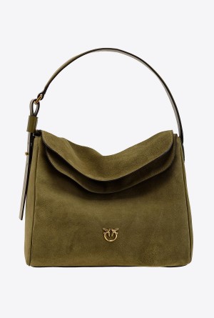 FIR GREEN-ANTIQUE GOLD Pinko Big Leaf Bag Hobo in suede | MYEAH15570