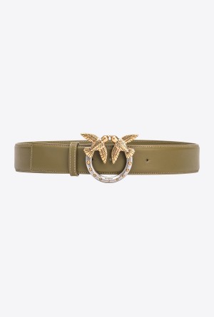 FIR GREEN-ANTIQUE GOLD Pinko High-waist Love Birds belt with studs 4cm | UMYTG59378