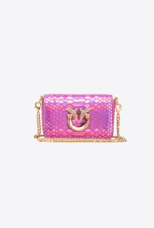 LAMINATED PINK-BRUSHED GOLD Pinko Galleria Micro Love Bag Click in holographic reptile skin | QMYWA99101