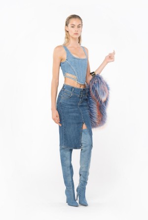 LIGHT VINTAGE WASH Pinko Denim bustier top with rhinestone logo | XMYGW75528