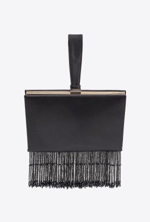 LIMO BLACK-SHINY GOLD Pinko Fringed satin handbag | MYCIF50522