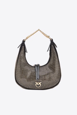 LIMO BLACK-SHINY GOLD Pinko Fully rhinestoned mini Brioche Bag Hobo | MYCVG83294