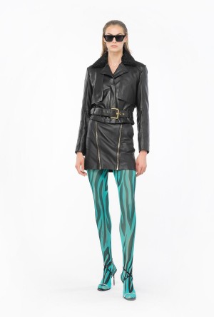LIMO BLACK Pinko Biker jacket with faux sheepskin collar | TMYPQ80705