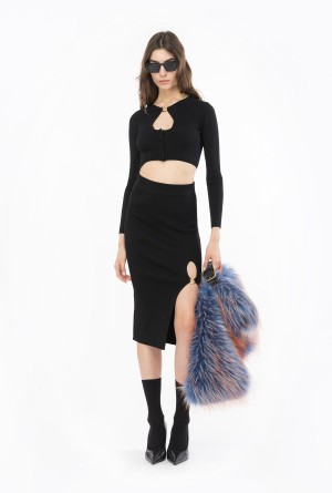 LIMO BLACK Pinko Calf-length wool skirt with Love Birds buckle | MYNZX59563