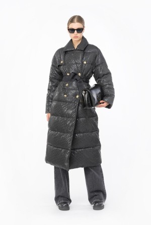 LIMO BLACK Pinko Long down jacket with glossy logo print | MYXMI56997