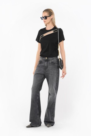 LIMO BLACK Pinko Rhinestone logo T-shirt | MYEAH77569