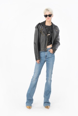 MID WASH Pinko Flared blue stretch denim jeans with Love Birds embroidery | LMYTR87025
