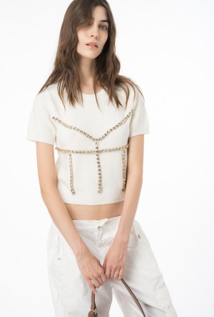 MILK WHITE Pinko Rhinestoned wool sweater | UMYND19332