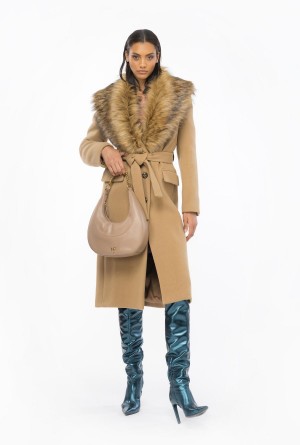 MOCHA CAMEL Pinko Coat with faux fur collar | MMYHR51604