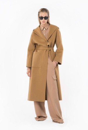 MOCHA CAMEL Pinko Long cloth coat with hood | ZMYMJ56812