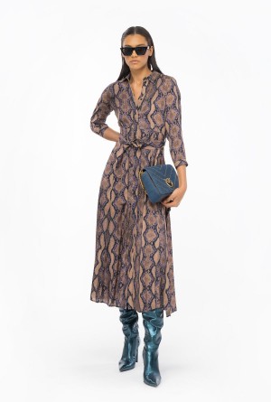 MULT. BROWN/LILAC Pinko Long shirt dress with snake motif | MYDFL28211