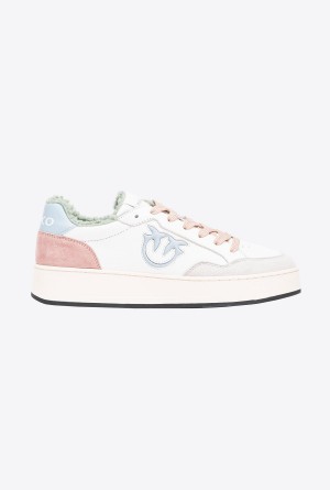 OFF WHITE/BEIGE/MINT Pinko Faux fur basketball sneakers with logo | QMYUV43155