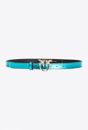 PETROL-SHINY GOLD Pinko Galleria thin laminated reptile skin belt | SMYVO35547